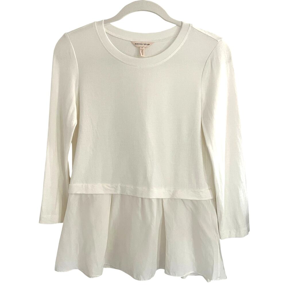 Rebecca Taylor Terry Top with Ruffle Peplum White Cream 3/4 Sleeve Size S - Picture 2 of 8